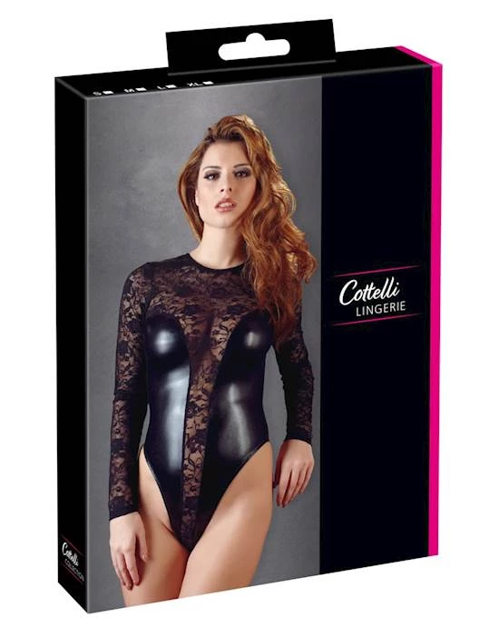 Cottelli Collection Wetlook Lace Bodysuit - Black - Small 3 Cottelli Collection Wetlook Lace Bodysuit - Black - Small - Image 3