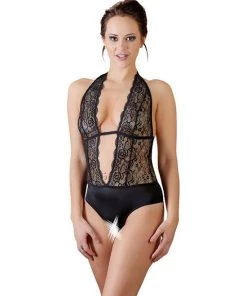 Cottelli Collection Deep V Crotchless Bodysuit - Black - Medium